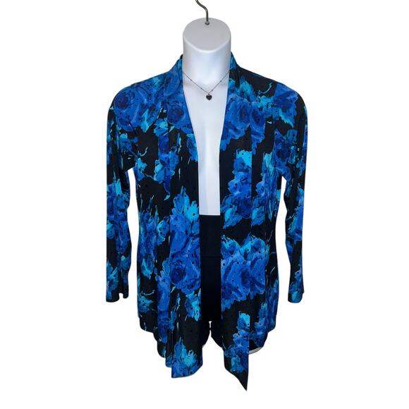Susan Graver Womens Floral Stretchy Open Front Sparkly Cardigan Black Blue Sz S - Picture 10 of 10
